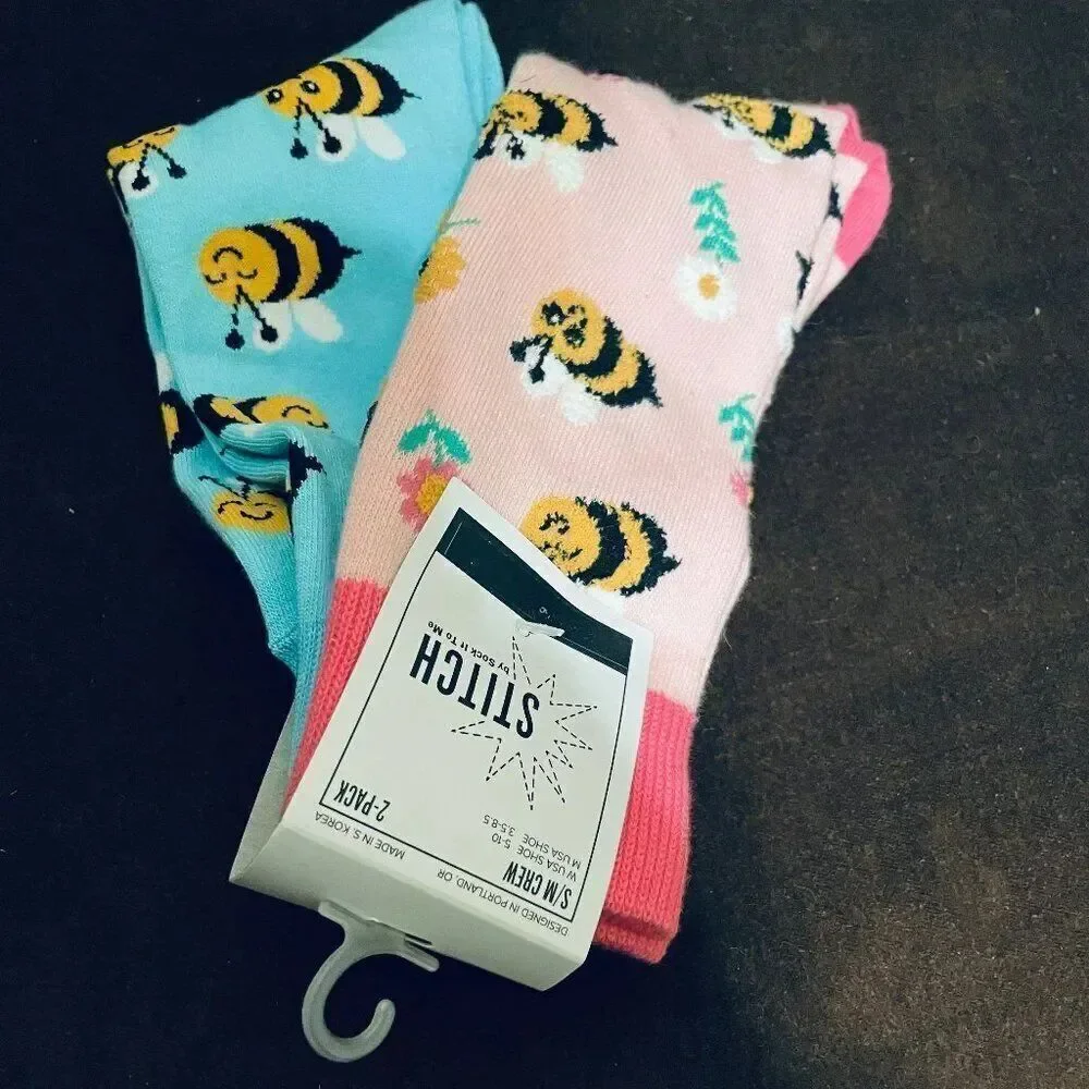 2 Pairs Sock It To Me Stitch Socks Novelty Bumble Bees Honey Bees Pink Blue